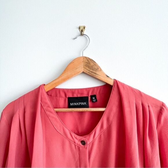 MINKPINK Blouse Semi-Sheer Pink Button Up Shirt Long Sleeved Top Women's M - Picture 4 of 8